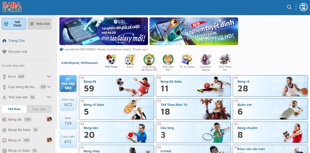 Giao diện Cá cược tại Saba Sports